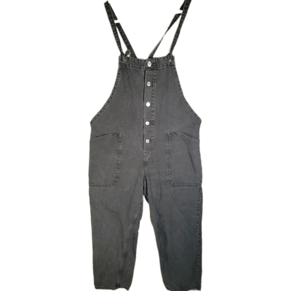 Mango Denim Overalls Womens XL Black Button Front Knot Strap Jumpsuit Utility